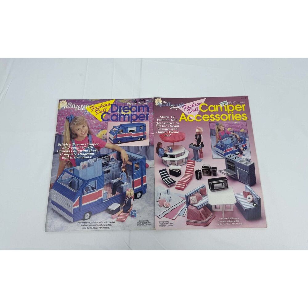 Lot 2 PLASTIC CANVAS Books Fashion Doll Camper Accessories and Dream Camper